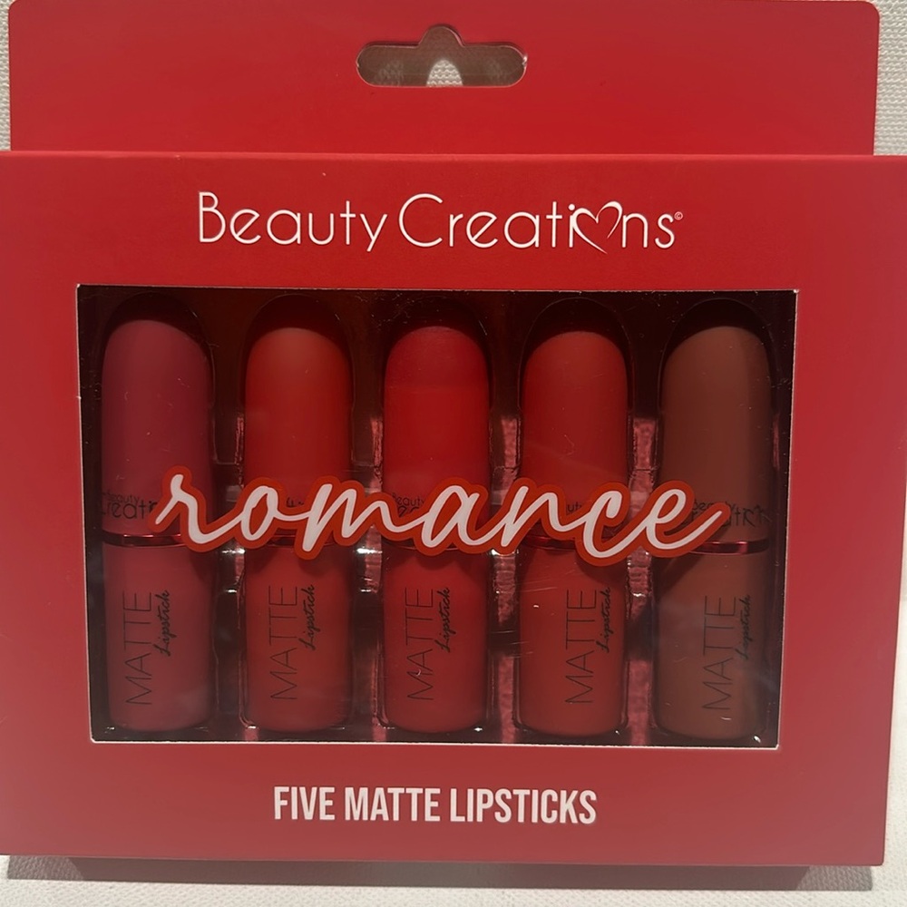 Beauty Creations Romance 5 Matte Lipsticks. Sugar Bomb, My Cherry, Infatuated.